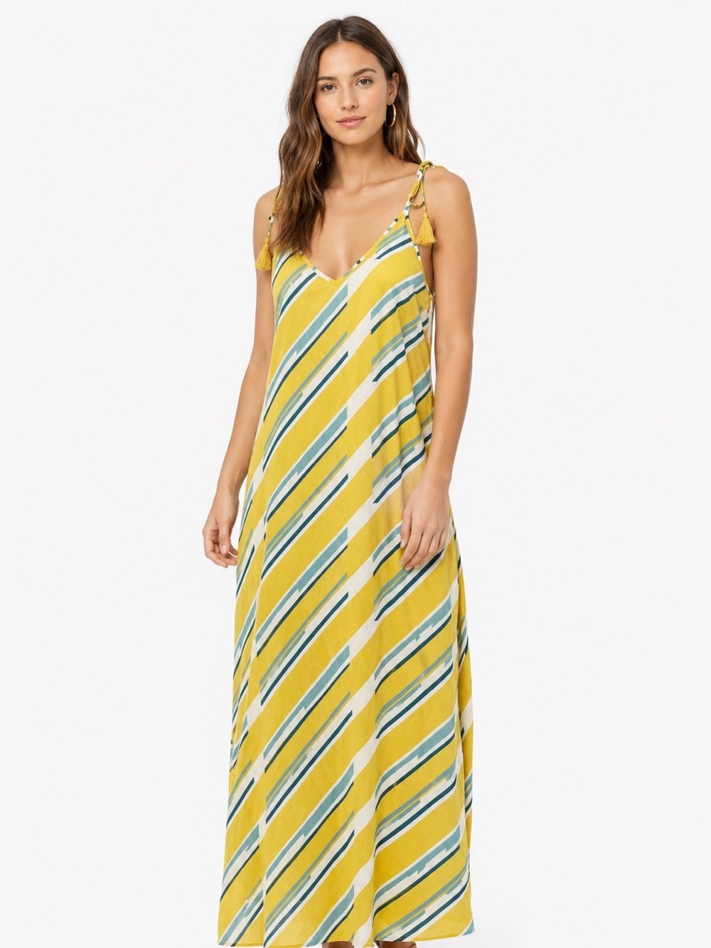 F21 Striped Yellow Maxi SatinDress with Tie Straps